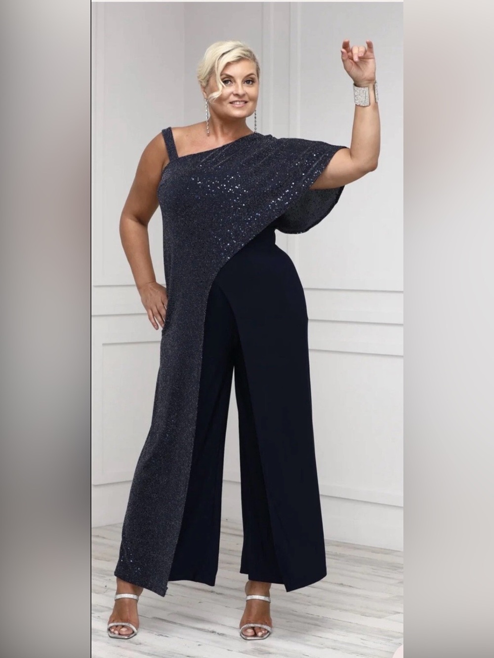 R&M Richards Women’s Asymemtric Jumpsuit with Sequined Overloy abd Draped Shoul